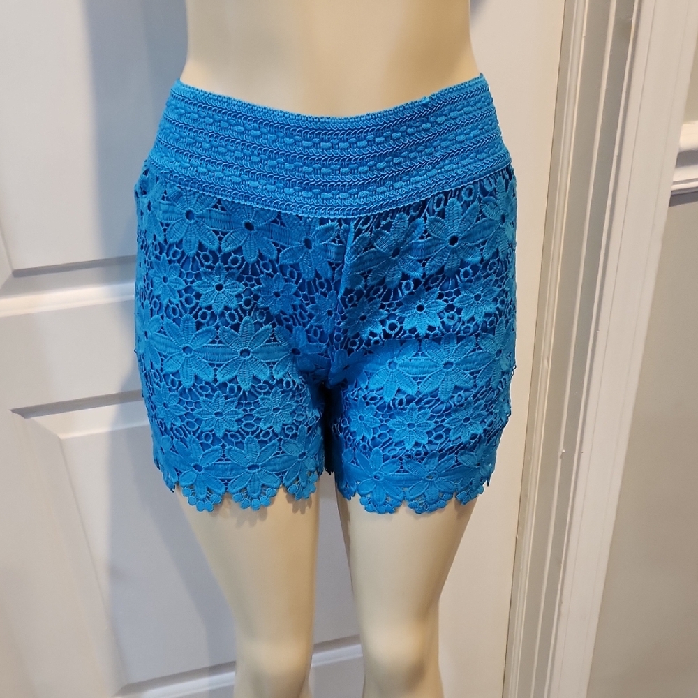 Blue High Waist Lace Shorts with Scalloped Edges